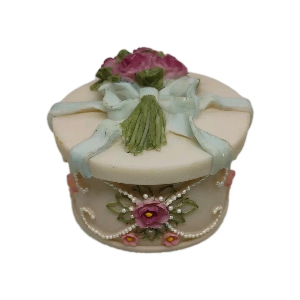 Vintage Dezine ? Hand Painted Roses‎ Pearls Trinket Box W/Lid